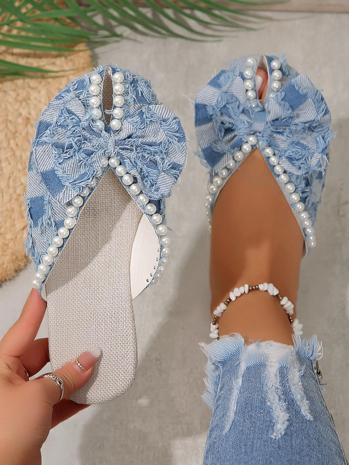 Women's Elegant Faux Pearl Decor Bowknot Design Slide Gypsy Sandals, Casual Cowboy Style Slide Slippers for Beach, Summer 2024 Fashion Slide Sandals for Vacation