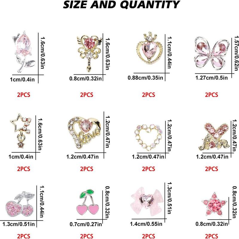 Cute Butterfly & Heart & Cherry & Bowknot Design Nail Art Charms, 24pcs/set Rhinestone Decor Nail Art Decoration, DIY Nail Art Decoration for Women & Girls 1