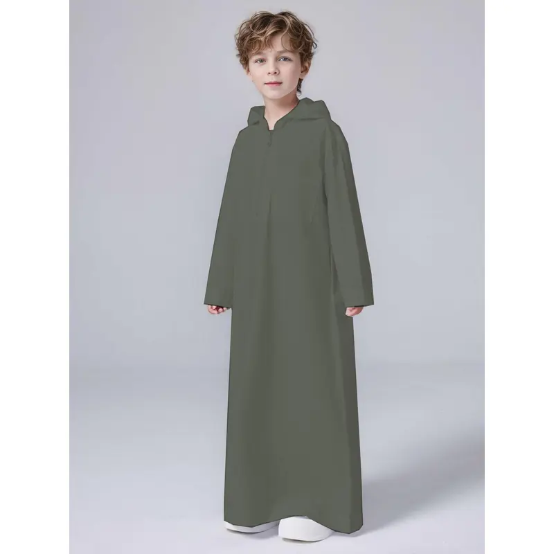 2025 Middle East Solid Color Boy Hooded Zip Shirt Robe Arab Muslim 3