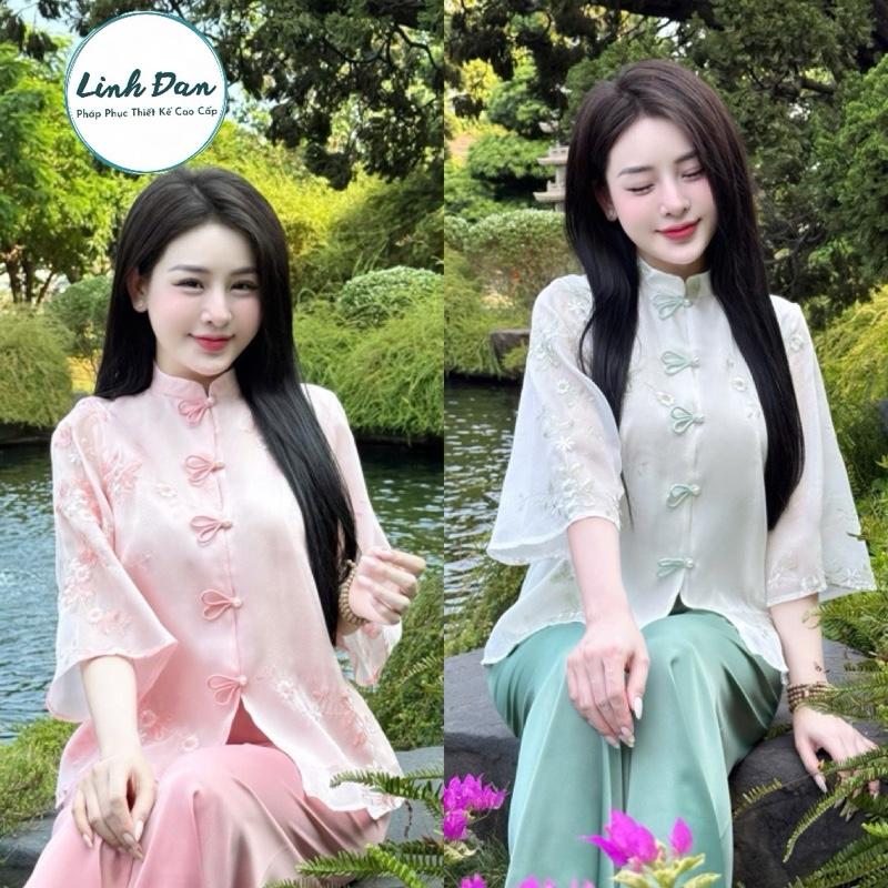 Linh Đan Bộ đồ lam đi chùa cho nữ tiểu thư cổ tàu cúc tết tai thỏ xinh yêu chất liệu tơ thêu hoa cao cấp