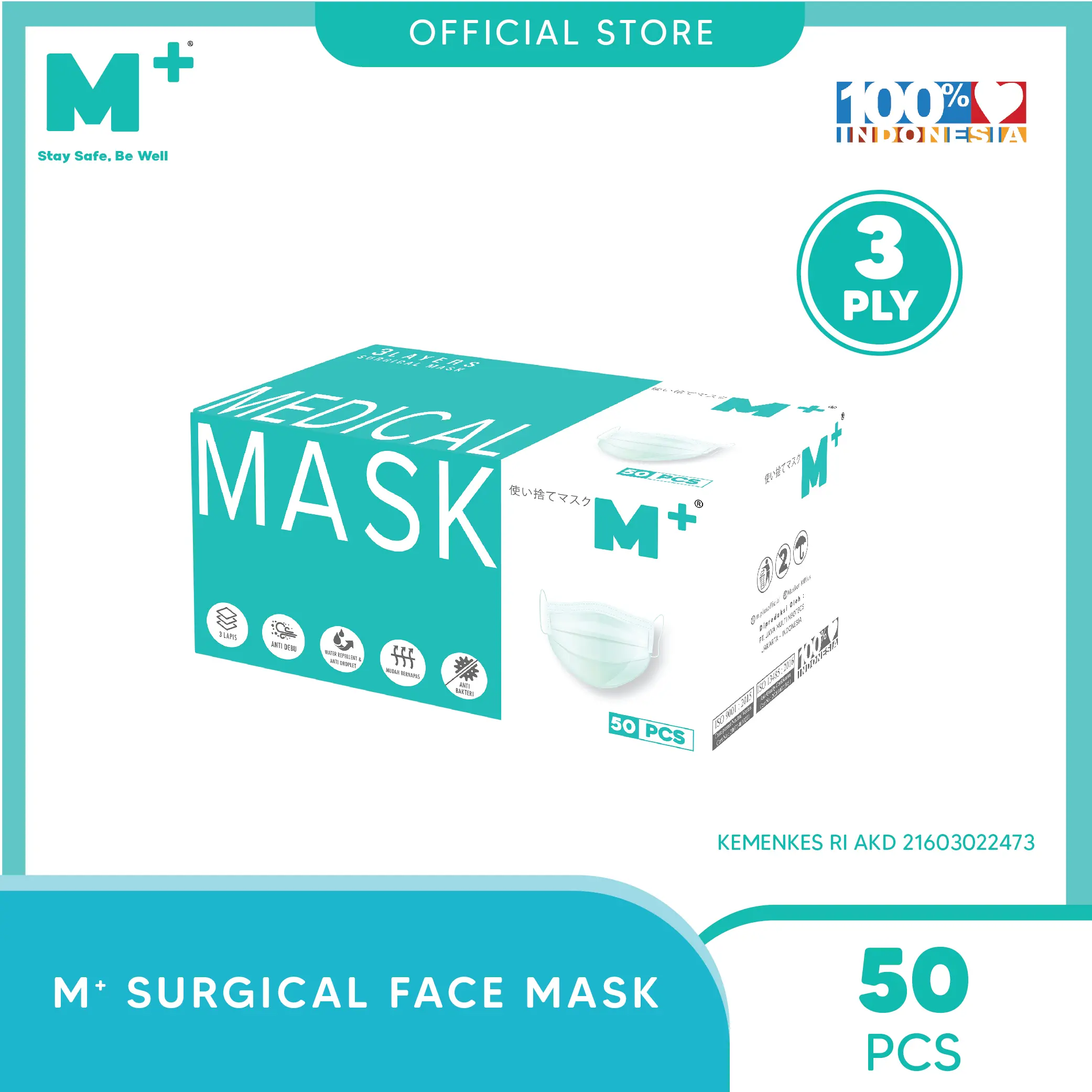 Masker Medis Surgical Mask Earloop M+ 3 Ply - Masker Medis Isi 50 Pcs Hijau Harga