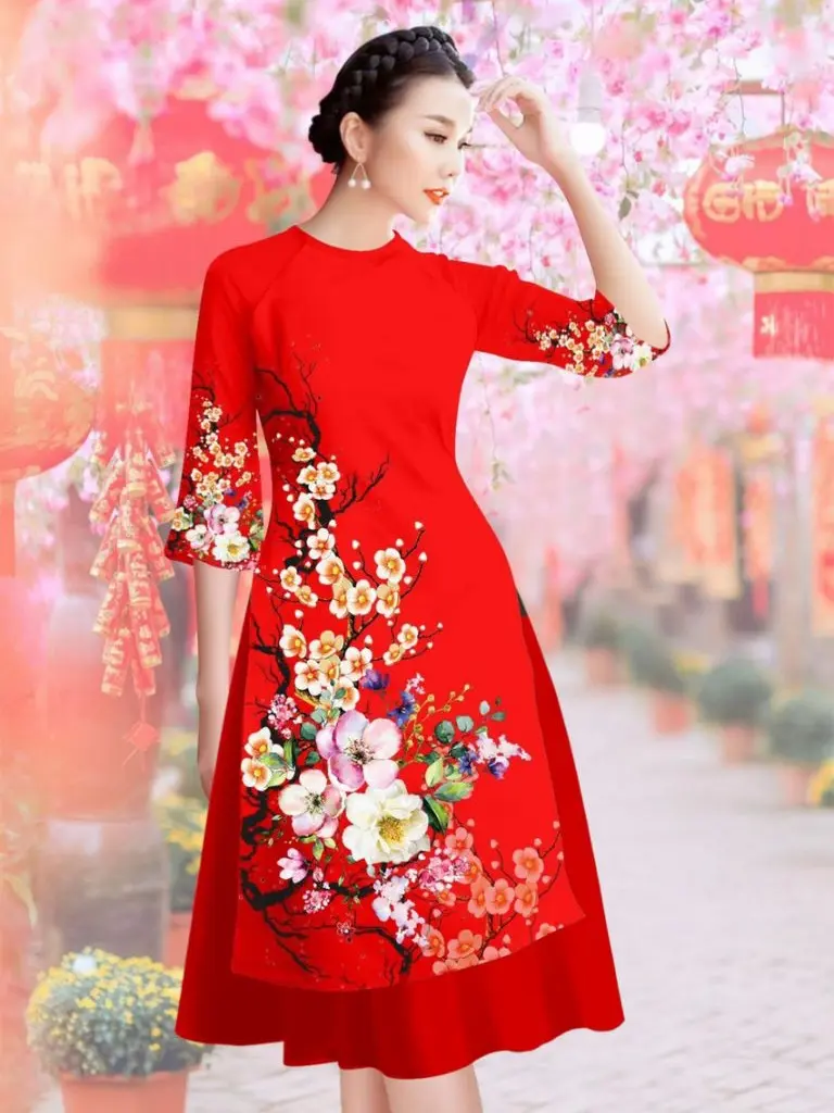 LADYFASHION06 - MS0262AD Áo dài cách tân in hoa đào Dress Váy