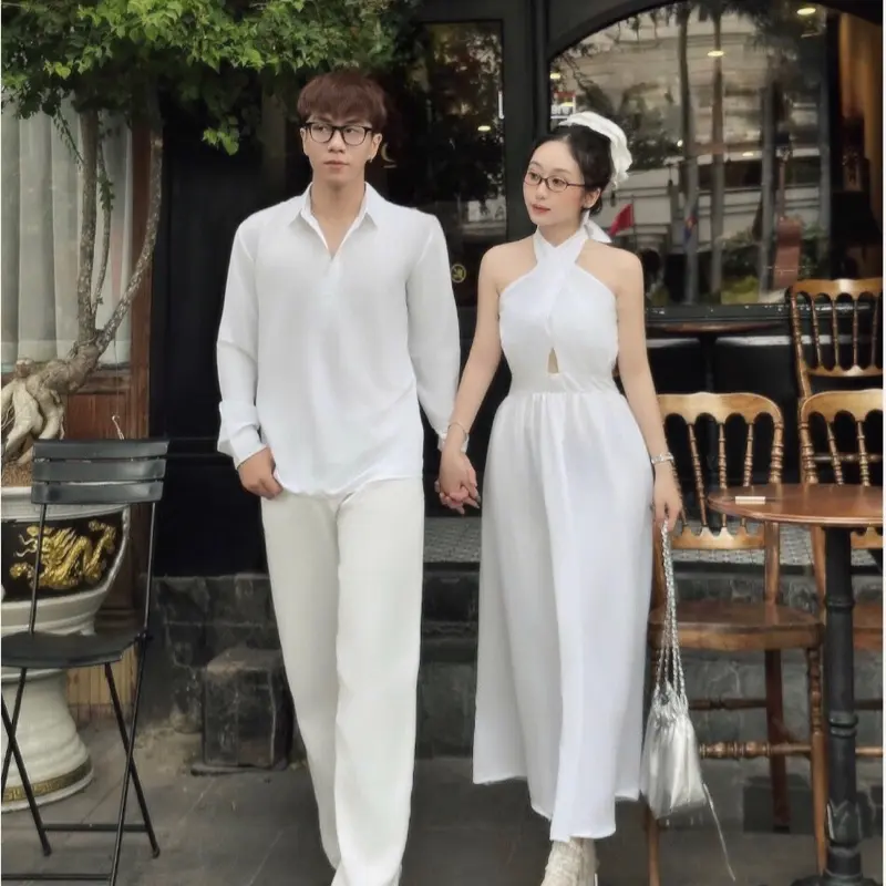 Set đồ đôi sơmi nam phối váy nữ dáng dài cổ yếm trống lưng xinh xắn