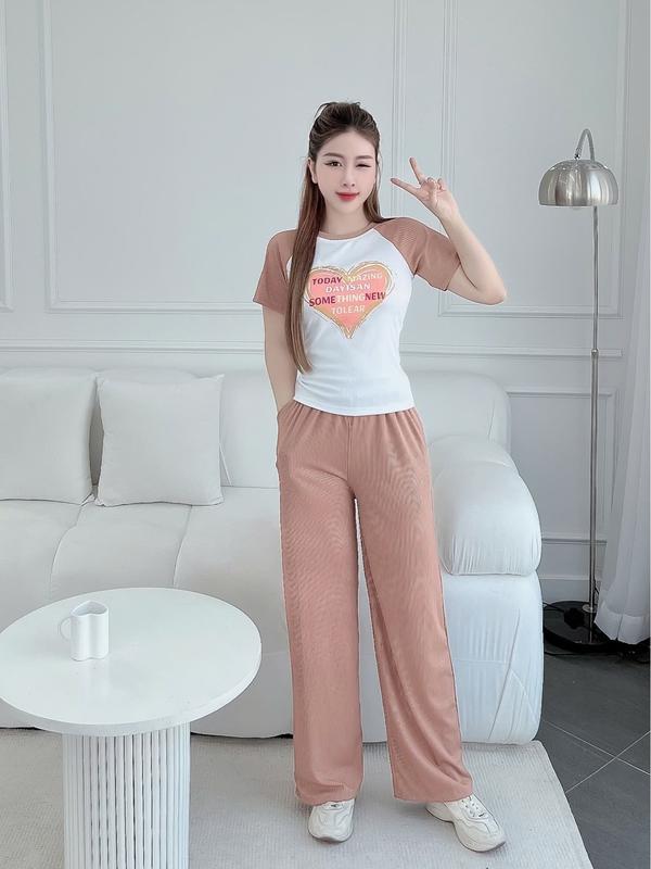  Set đồ bộ nữ thun gân tăm ống rộng phối màu dành cho nữ Áo Top Women Ong Đen 