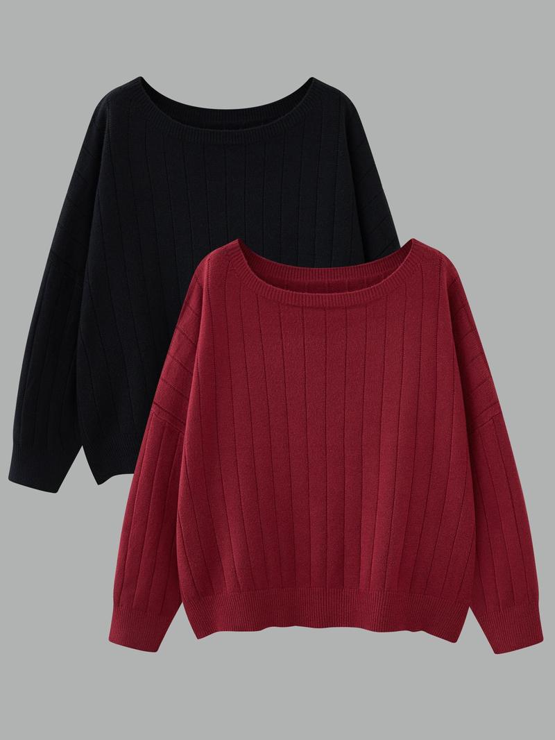 Product Introduction of 【Plus Size】 Solid Drop Shoulder Sweater, Casual Long Sleeve Scoop Neck Jumper for Spring & Fall, Women's Clothing for Daily Wear 3