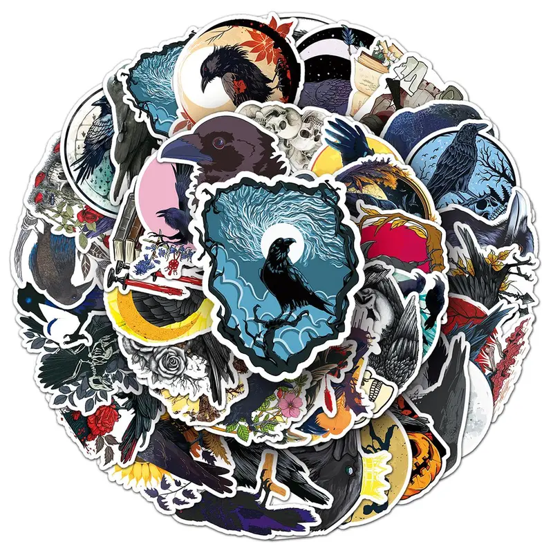 Crow Pattern Car Sticker, 50pcs/set Waterproof Self Adhesive Decor Paper, Decor Sticker for Gift Greeting Card Water Bottle Laptop Phone Case 7