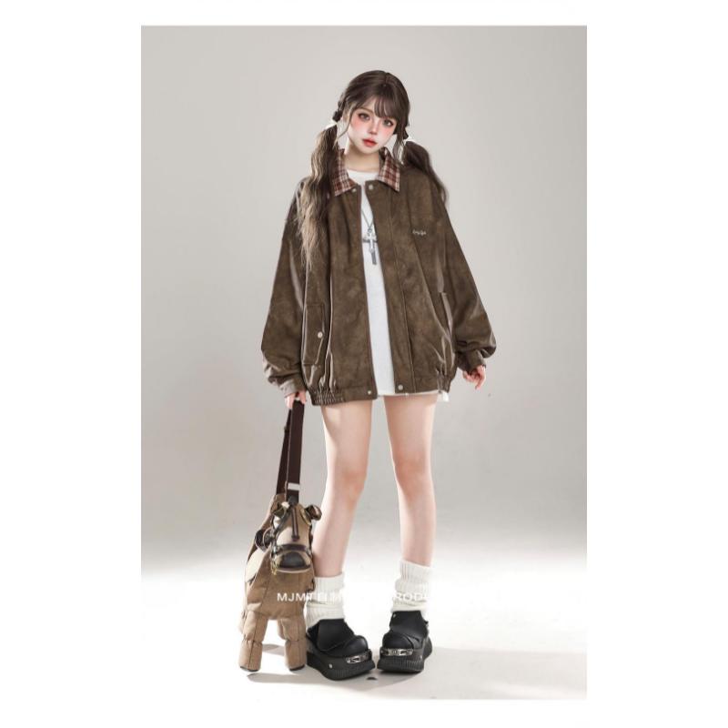 Product Introduction of American Retro Spliced plaid Lapel Jacket For Women In Autumn New Loose Bf Trendy Brand Baseball Uniform Pu Leather Jacket 20