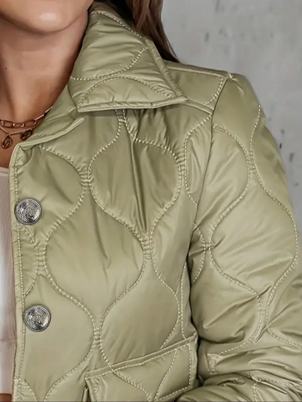 Women's Solid Button Front Pocket  Crop Quilted Jacket, Casual Long Sleeve Collared Outerwear for Fall & Winter, Ladies Clothes for Daily Wear 3