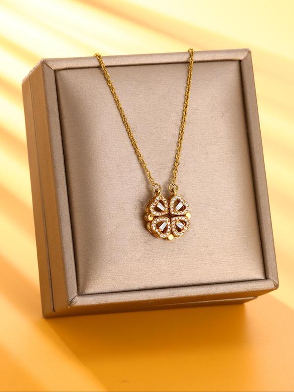 Rhinestone Decorated Pendant Necklace, Heart-to-heart Four-leaf Clover Design Necklace, Creative and Personalizedone Style for Multiple Wear Necklace, Fashion Matching Jewelry Accessories Gift for Women and Girls 1