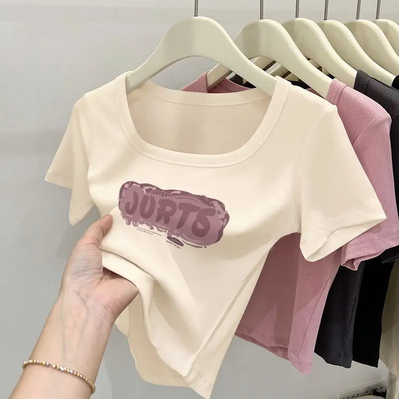 Áo Thun Cổ Vuông Ngắn, Cô Gái Nóng Bỏng Thuần Khiết, ngắn Tay Áo, Dành Cho Nữ, Hàng Mới Về Mùa Hè 2024, Thiết Kế Đẹp, Bó Sát Và Mỏng Vừa Vặn, Áo Dễ Phối Đồ