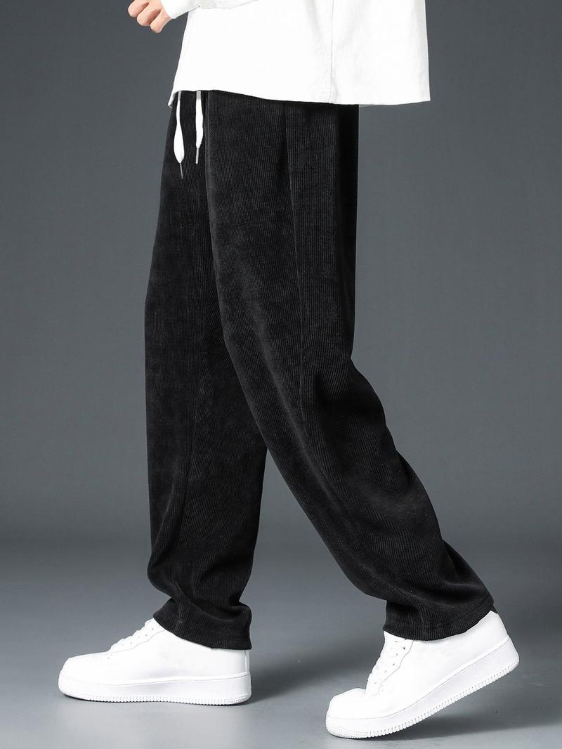 Product Introduction of Men's Solid Drawstring Waist Corduroy Pants, Casual Comfy Straight Leg Trousers for Fall & Winter, Men's Bottoms for Daily Wear 12