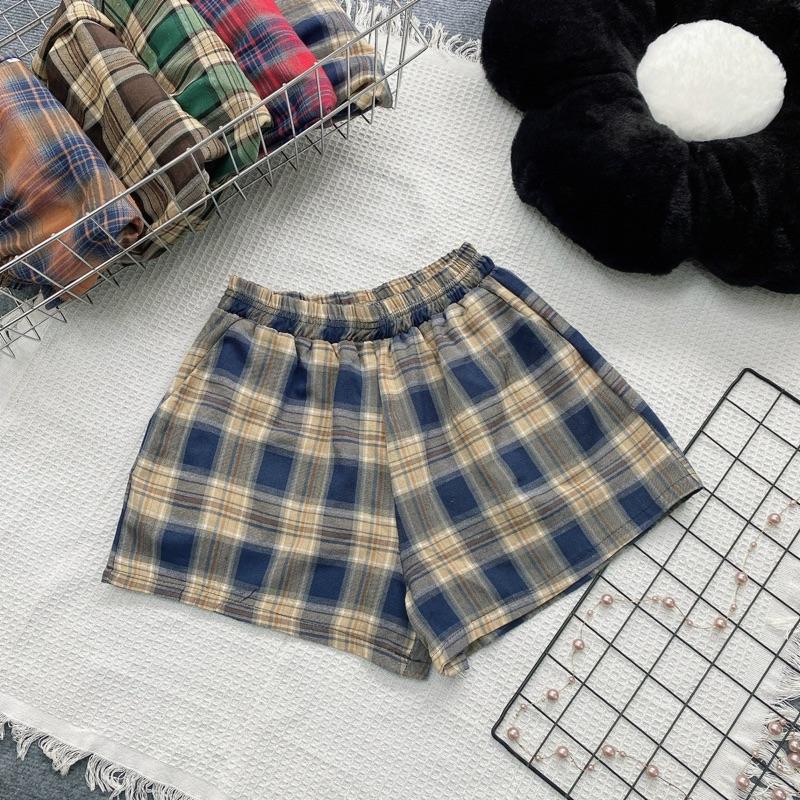  Quần đùi nữ kẻ caro Đậu bigsize cạp cao lưng chun Dáng A basic Q516 