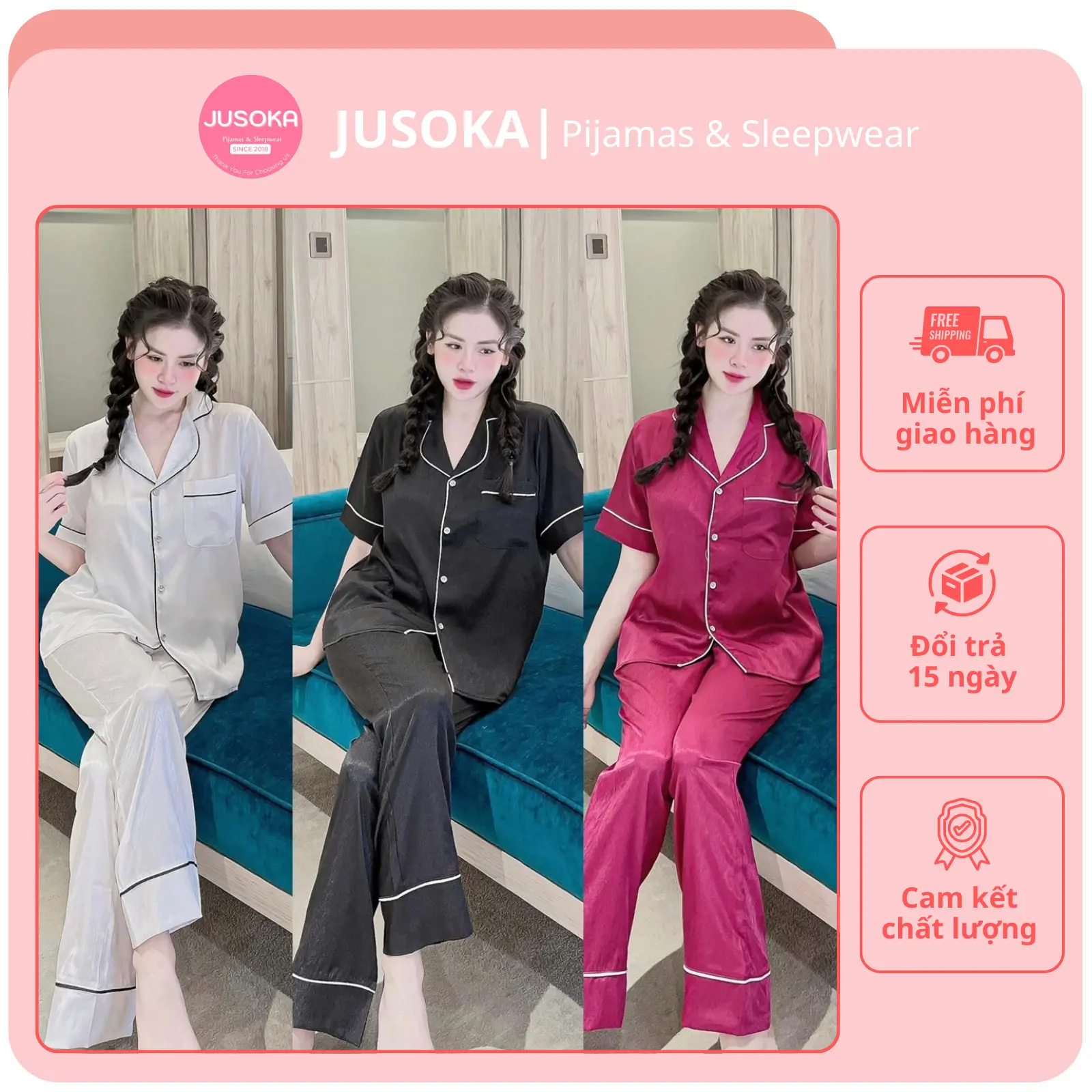 Bộ Đồ Ngủ JUSOKA Pijama Nữ - Mặc Nhà, Đi Ngủ - Lụa Gấm Xước Ánh Kim Tay Ngắn Quần Dài TN39 – Dễ Thương, Mặc Nhà Tiện Lợi