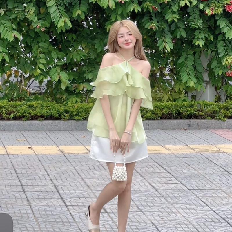 Emma set áo bèo cổ yếm trễ vai kèm chân váy tafta Tay ngắn Trơn, DILYSHOP_ S109