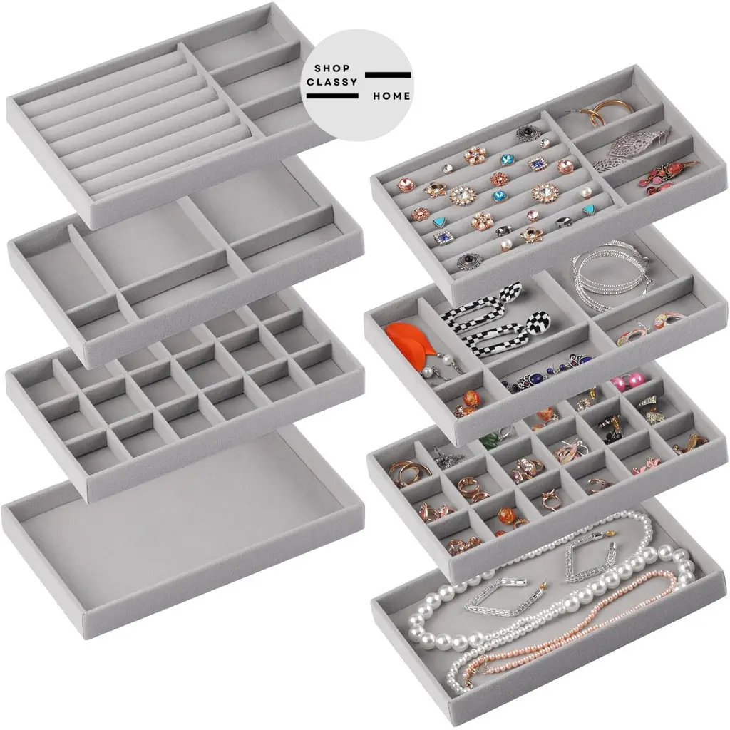 Shopclassyhome Grey 18 Compartment Jewelry Box Velvet Ring Earrings Empty Plate Display Box Jewelry Tray customize
