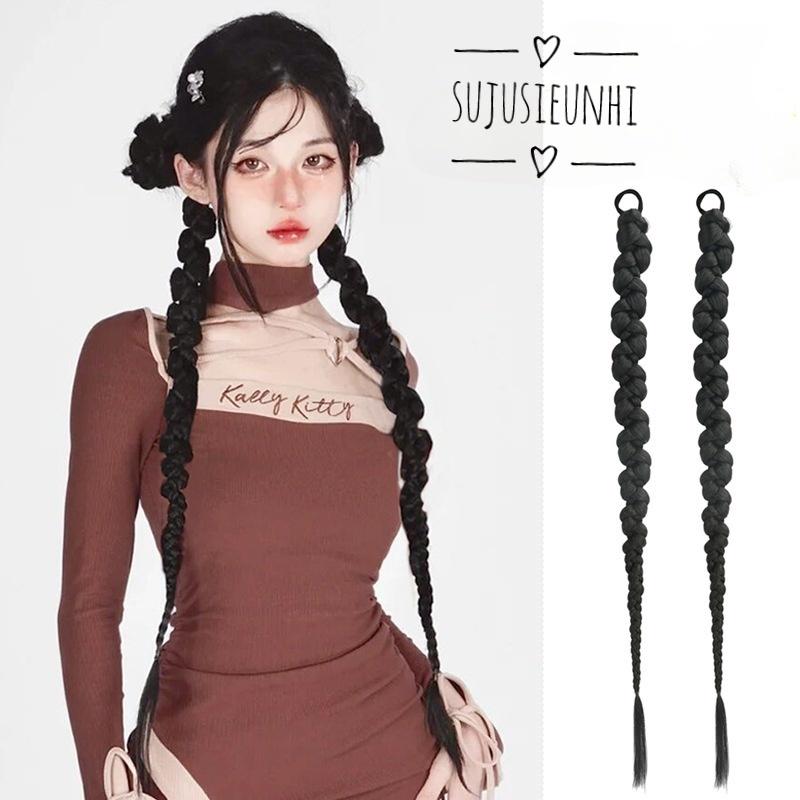 (4 màu) 1 búi tóc giả tết chéo đuôi ngựa màu đen tự nhiên dài 75cm phong cách Âu Mỹ cho nữ