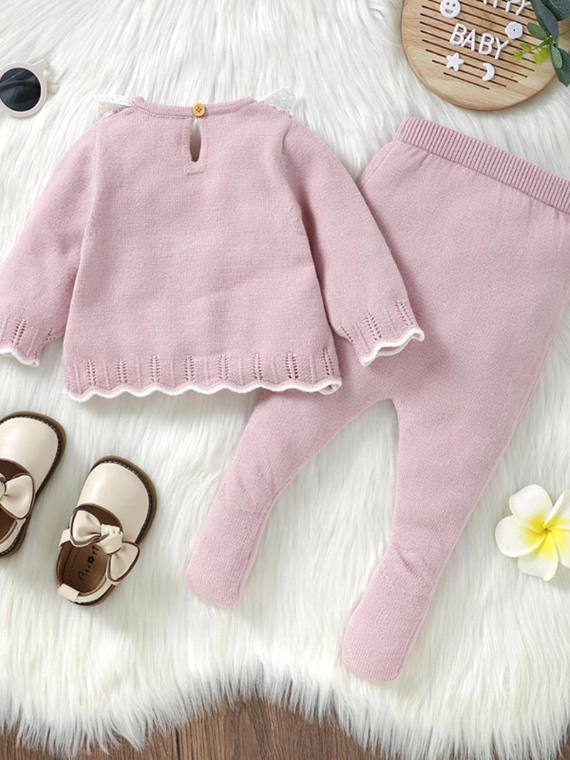 Product Introduction of Two-Piece Set Baby Girl's Argyle Print Eyelet Embroidery Ruffle Trim Sweater & Plain Pants, Cute Scallop Trim Bow Keyhole Neckline Top & Knitting Trousers, Infant Newborn Girls Fall & Winter Knitwear 2