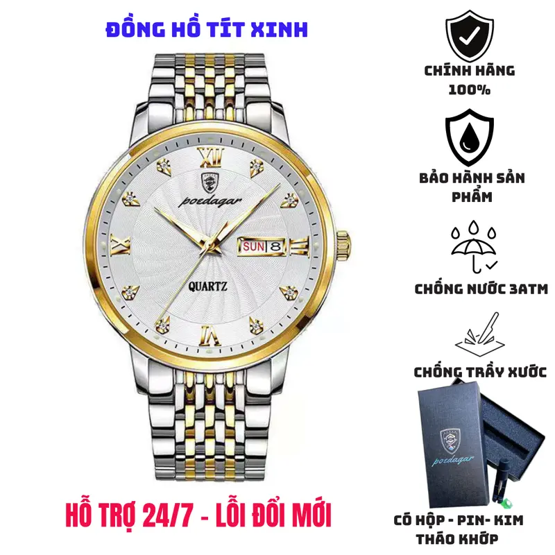 Đồng hồ nam chính hãng POEDAGAR sang trọng, múi giờ đính đá, dạ quang, lịch ngày lịch thứ, mặt kính sapphire, chống nước 3ATM, dạ quang (kỉ niệm pin + kim) sang trọng Đeo Tay Watch Caro Ong 0