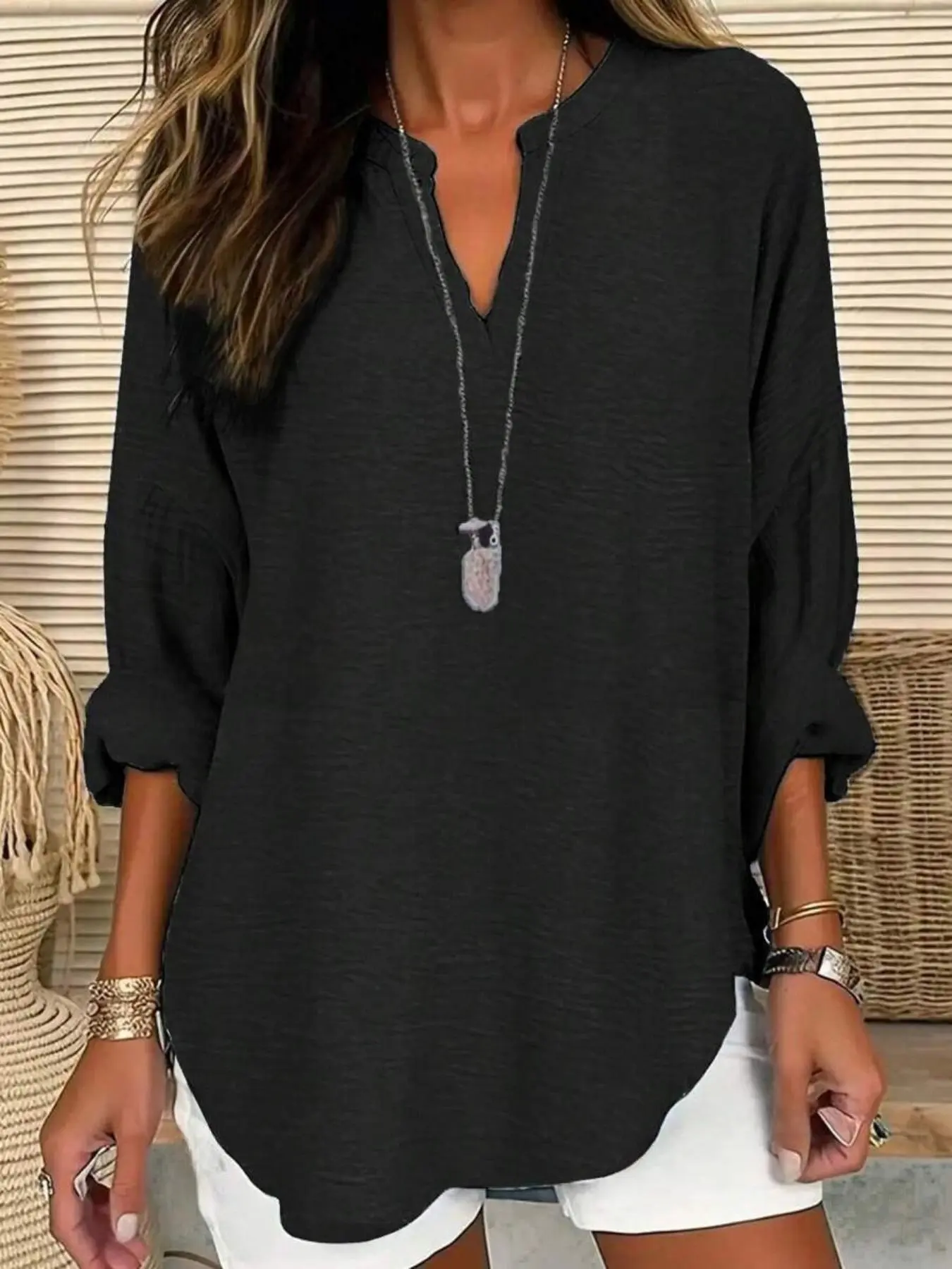 【Plus Size】 Solid Notched Neck Drop Shoulder Blouse, Casual Long Sleeve Top for Spring & Fall, Women's Clothes for Daily Wear