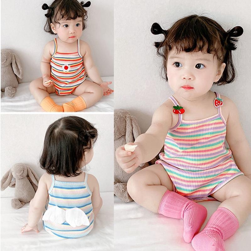 Quần Áo Mùa Hè Cho Bé Gái Sơ Sinh, Áo Liền Quần Không Tay Có Dây Đeo Dệt Kim, Áo Liền Quần Sọc Cầu Vồng