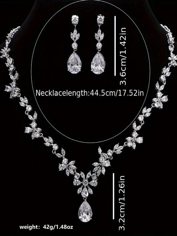 Elegant Water Drop Shaped Zircon Decorated Jewelry Set, Exquisite Trendy Necklace & Dangle Earrings, Chic Jewelry Set for Party & Wedding Decor 1