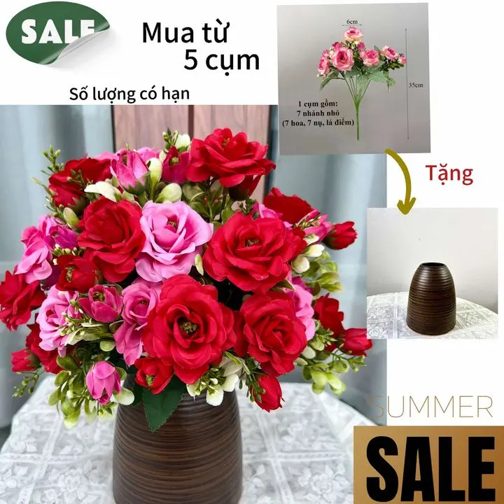 MUA TỪ 5 CÀNH TẶNG BÌNH) Cụm hoa hồng tỉ muội cao 35cm (7 hoa, 7 nụ) cao cấp decor, trang trí nhà cửa Decor Phòng Cao Su