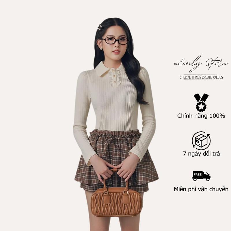 Set áo len nữ cổ sơ mi dài tay mix chân váy dạ ngắn kẻ caro xếp ly Linly Store