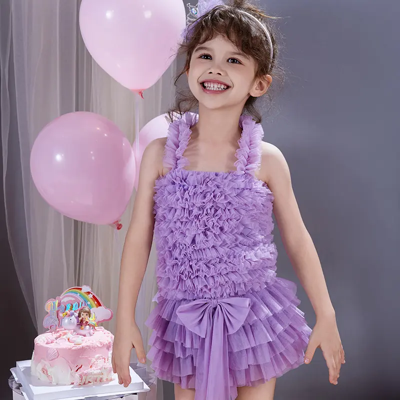 Gorgeous Girl Purple yellow Ruffled Tutu Dress with Bow Hair Accessory for a Princess Vi birthdays