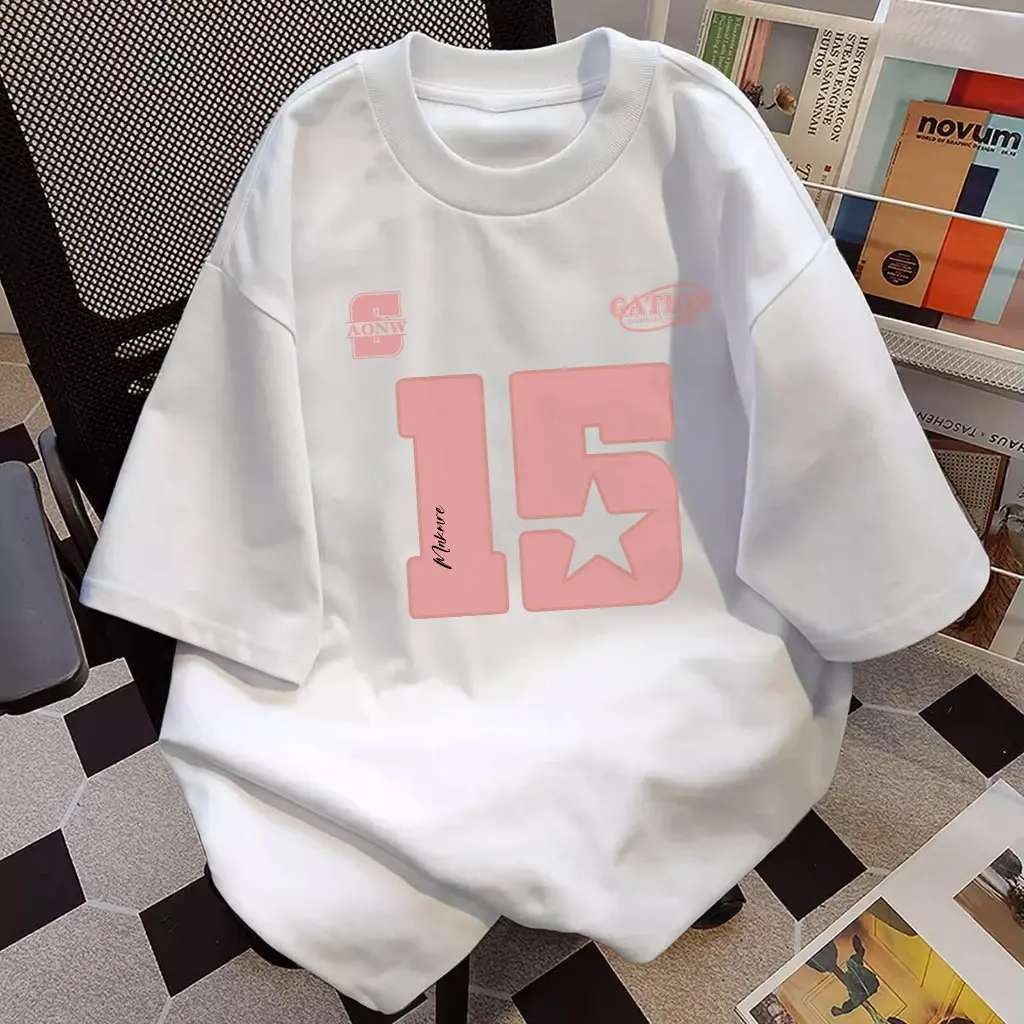 Tshirt Kaos Lengan Pendek Oversize Korea | Pola Angka 15 | Tebal dan Nyaman |  Cotton