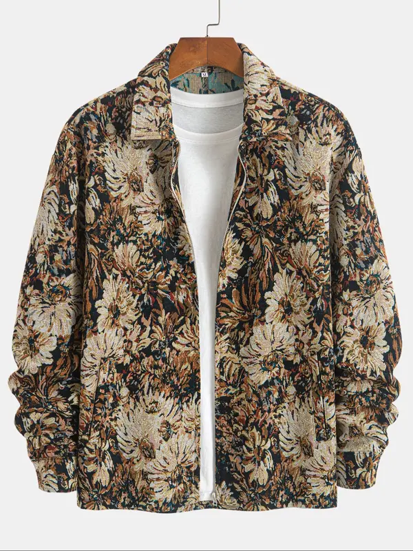Men's Floral Print Button Zipper Jacket, Loose Casual Long Sleeve Collared Outerwear for Fall & Winter, Men's Clothes for Daily Wear 4