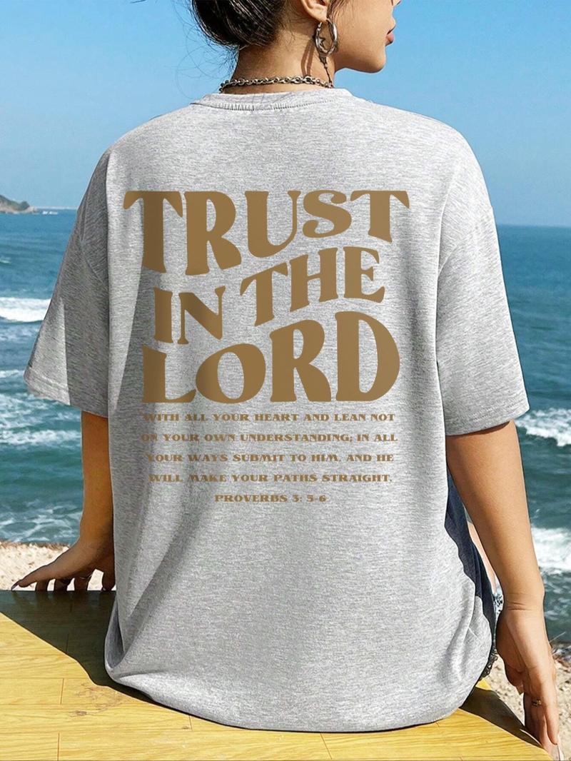 Product Introduction of Women's Plain / Letter Print Drop Shoulder Tee, Casual Comfy Graphic Print Half Sleeve Round Neck T-Shirt for Summer, Fashion Simple Women's Top for Daily Wear, Clothing 4