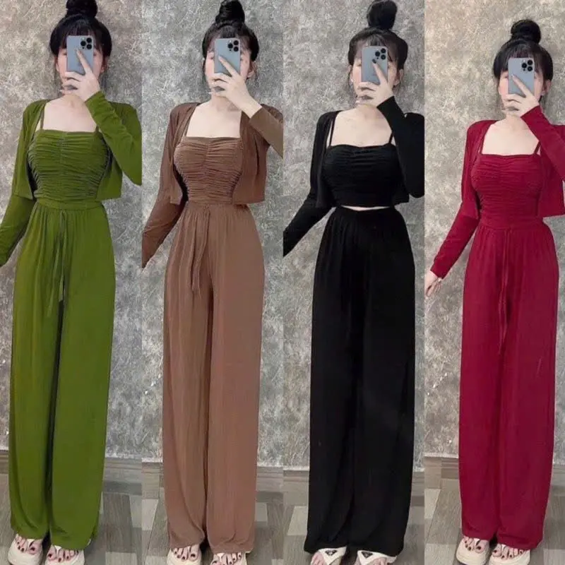 Set Bộ 3 Món Áo 2 dây Cúp Nhún Mix Áo Khoác Lửng Phối Quần Ống Suông Dài chỉ giặt tay đơn giản đi lại