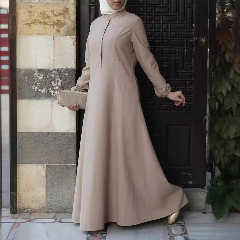 2024 New Arabic Ethnic Style Solid Color Button Patchwork Women's Muslim Long Robe 2