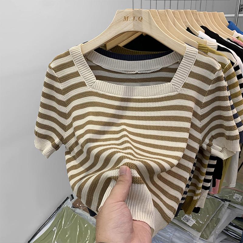 Áo Thun Nữ, Dệt Kim, Sọc, Cổ Vuông, Phong Cách Cổ Điển Kiểu Pháp, Mỏng Vừa Vặn, Áo Ngắn Tay Sọc Kẻ Màu Đen Women Top Cổ Tròn
