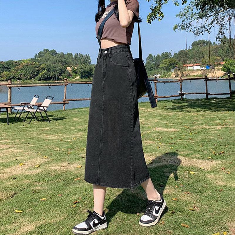 A-Line High Waist Slit Denim Skirt for Women Summer 2025 New Mid-Length Slim Fit Pencil Skirt Black Gray 5
