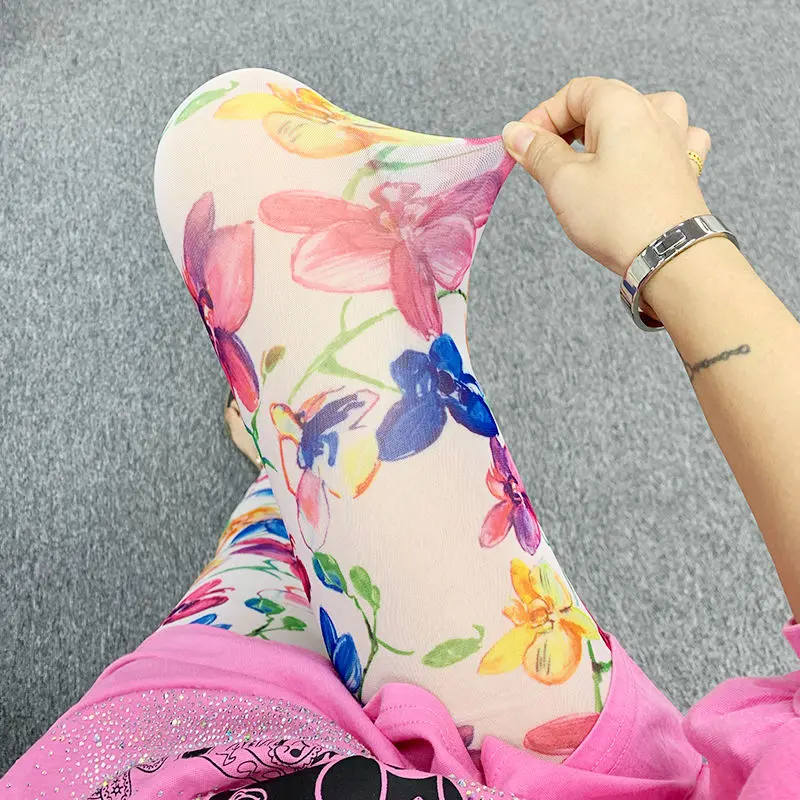 Leggings Yoga Pants Women Nine-point Pants High Waist Mesh Stretch Printed Close-fitting Sports Floral Breathable Summer Outer Wear Leggings Mesh Transparent