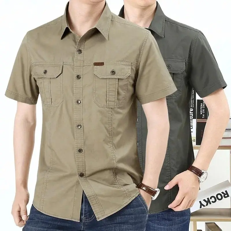 Summer Quick Dry Short Sleeve Mens Army Fan Tactical Shirts Male Solid Thin Lapel Cargo Shirt Tops Outdoor Hiking Military Shirt Menswear Lingerie Tropical Beige Collar Collared