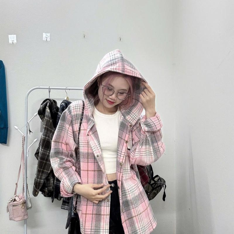 Áo chống nắng Flannel Dài Tay Sọc Caro Có mũ Form Rộng Hàn Quốc Unisex, Chất Liệu Dạ Kẻ lông