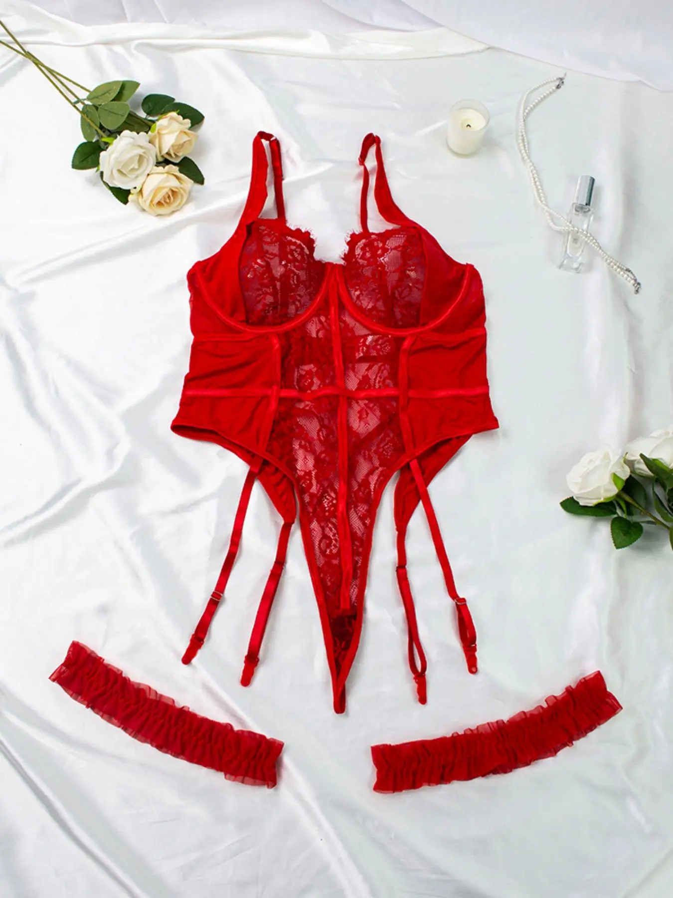 【Plus Size】 Contrast Lace Sexy Lingerie Three-Piece Set, Romantic Comfy Breathable Backless Cami Bodysuit & Garter Belt Set, Women's Lingerie Set for All Seasons