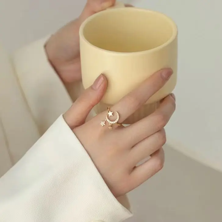 Lynnroman Japanese Style Mild Luxury Star Moon Ring Female South Korea Fashion Open Ring Temperament Index Finger Ring Special-Interest Design