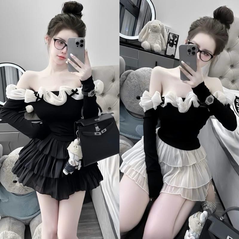 Set váy nữ áo rip trễ vai phối tơ xoắn dài tay mix chân váy voan tơ xếp tầng xinh xắn sang chảnh dành cho các nàng diện đi chơi.  Women Voi Nhung