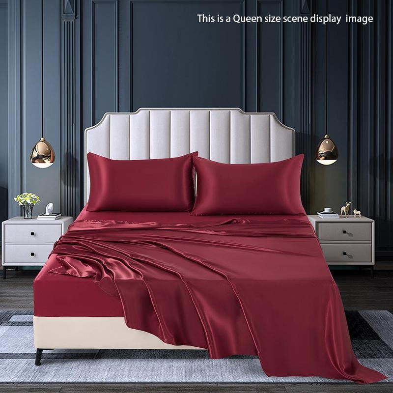 Solid Color Satin Bedding Set (4 Counts/set), Including 1 Flat Sheet, 1 Fitted Sheet & 2 Pillowcase without Filler, Soft Comfortable Bedding Set for Home Bedroom 1