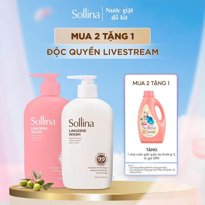 MUA 2 TẶNG 1- ĐỘC QUYỀN LIVESTREAM Combo 2 Nước Giặt Đồ Lót Chuyên Dụng Sollina 1 Nước Giặt Hồng + 1 Nước Giặt Vàng 400Ml Chai Hỗ trợ Làm Sạch & Kháng khuẩn + TẶNG 1 Nước giặt thường 1L - Daily