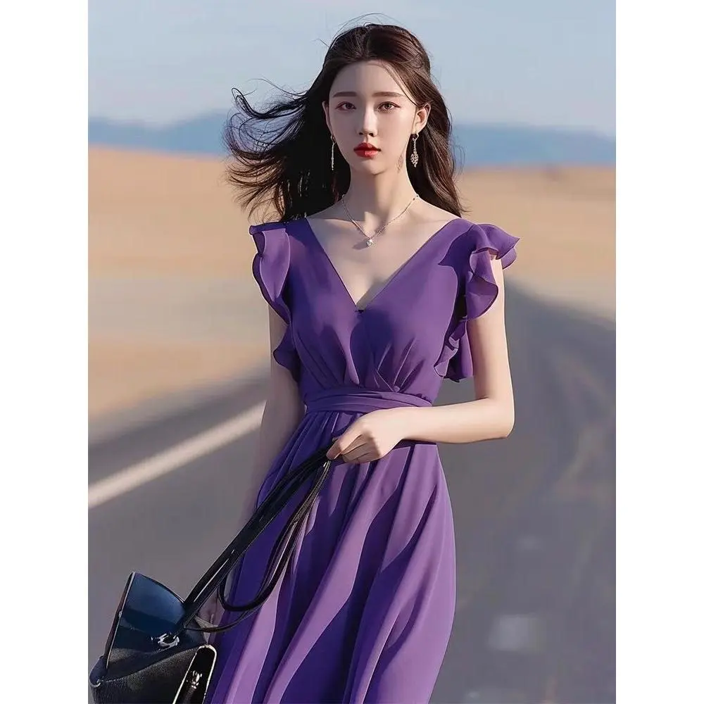 Váy Voan Tím, Phong Cách Pháp, Thanh Lịch, Cao Cấp, Tinh Tế, Cao Cấp, Siêu Đẹp, Thích Hợp Cho Kỳ Nghỉ, Mùa Hè Cho Trẻ Em, Được Làm Bằng Platycodon Grandiflorum