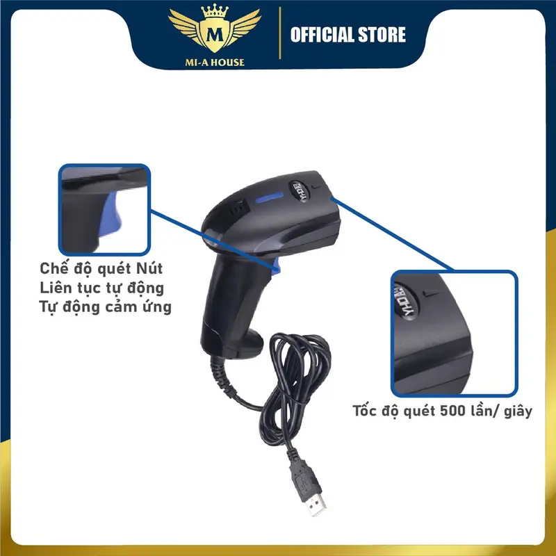 Máy quét mã vạch Qrcode YHD 1100D (2D) có dây - Máy bắn mã vạch 2D có dây cắm cổng USB kết nối Máy tính 2