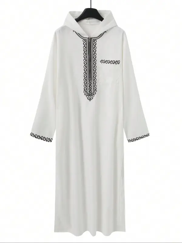 Men's Ethnic Pattern Embroidery Zipper Hooded Robe, Traditional Long Sleeve Pocket Jubba Thobe for Daily Wear, Men's Islamic Clothing for All Seasons 5