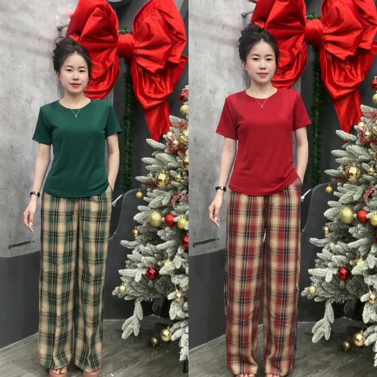 Sét bộ thời trang quần kẻ vải thô phối áo cổ tròn cá tính Women Top Nữ