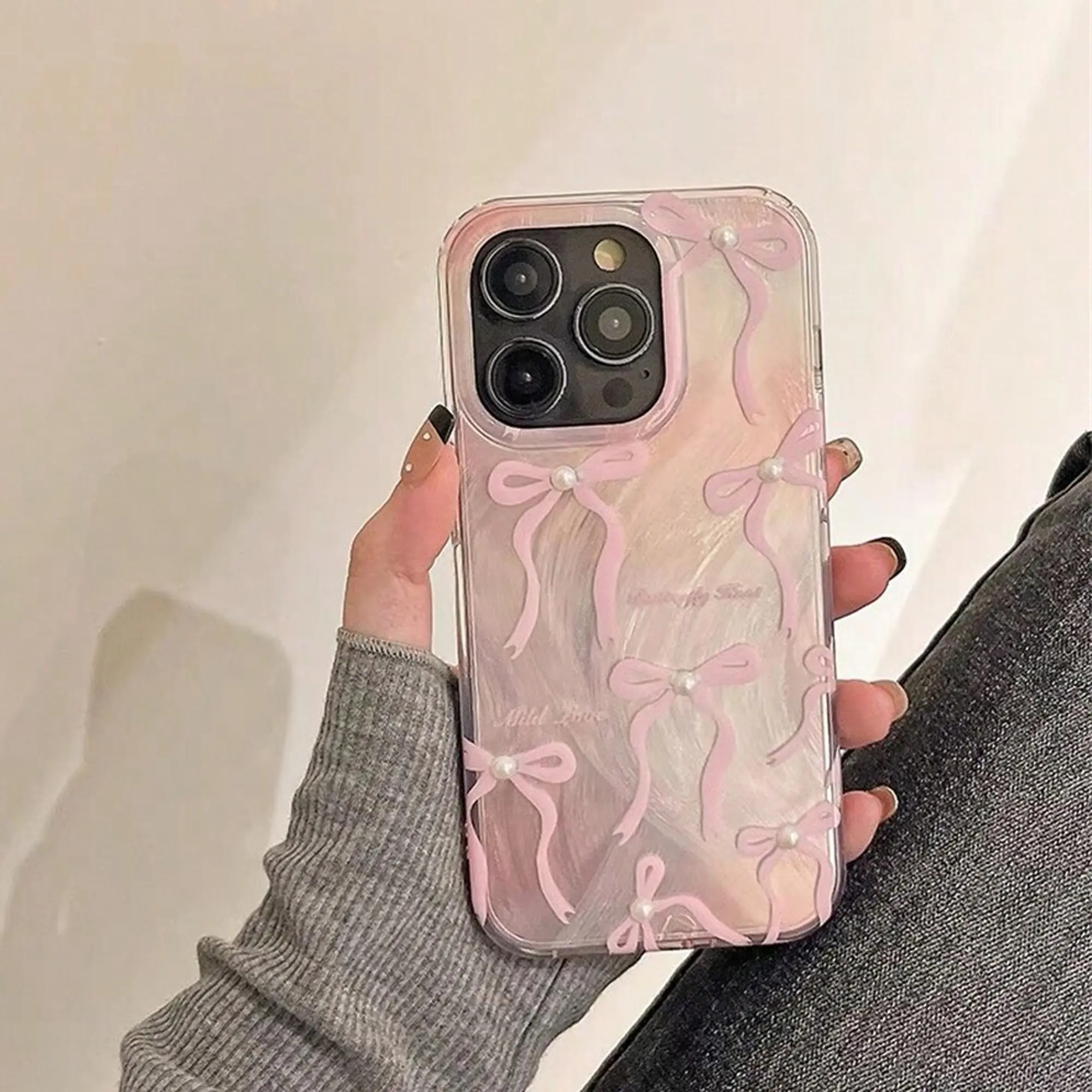 Bowknot Pattern Phone Case, Faux Pearl Decorative Anti-fall Phone Protector Cover Compatible With iPhone 11 12 13 14 15 Pro Max Series, Gift