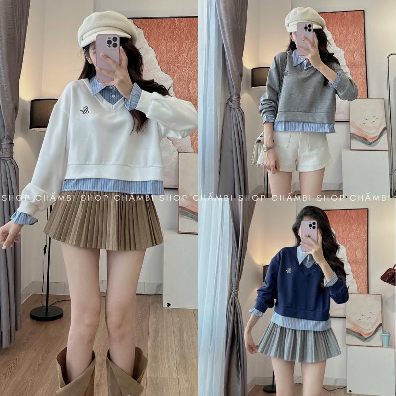Áo nỉ nữ A.668, Áo nỉ cổ V phối sơ mi kẻ xanh thêu chữ trước ngực tay dài phong cách năng động - Shop Chấm Bi