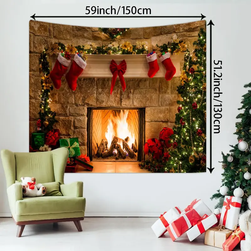 Christmas Fireplace Pattern Tapestry, 1 Count Christmas Themed Photography Background Cloth, Christmas Party Supplies, Home Decor 5
